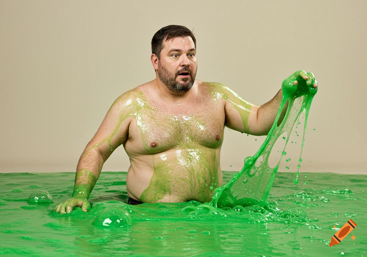 A shirtless man is covered in and sinking into green slime.