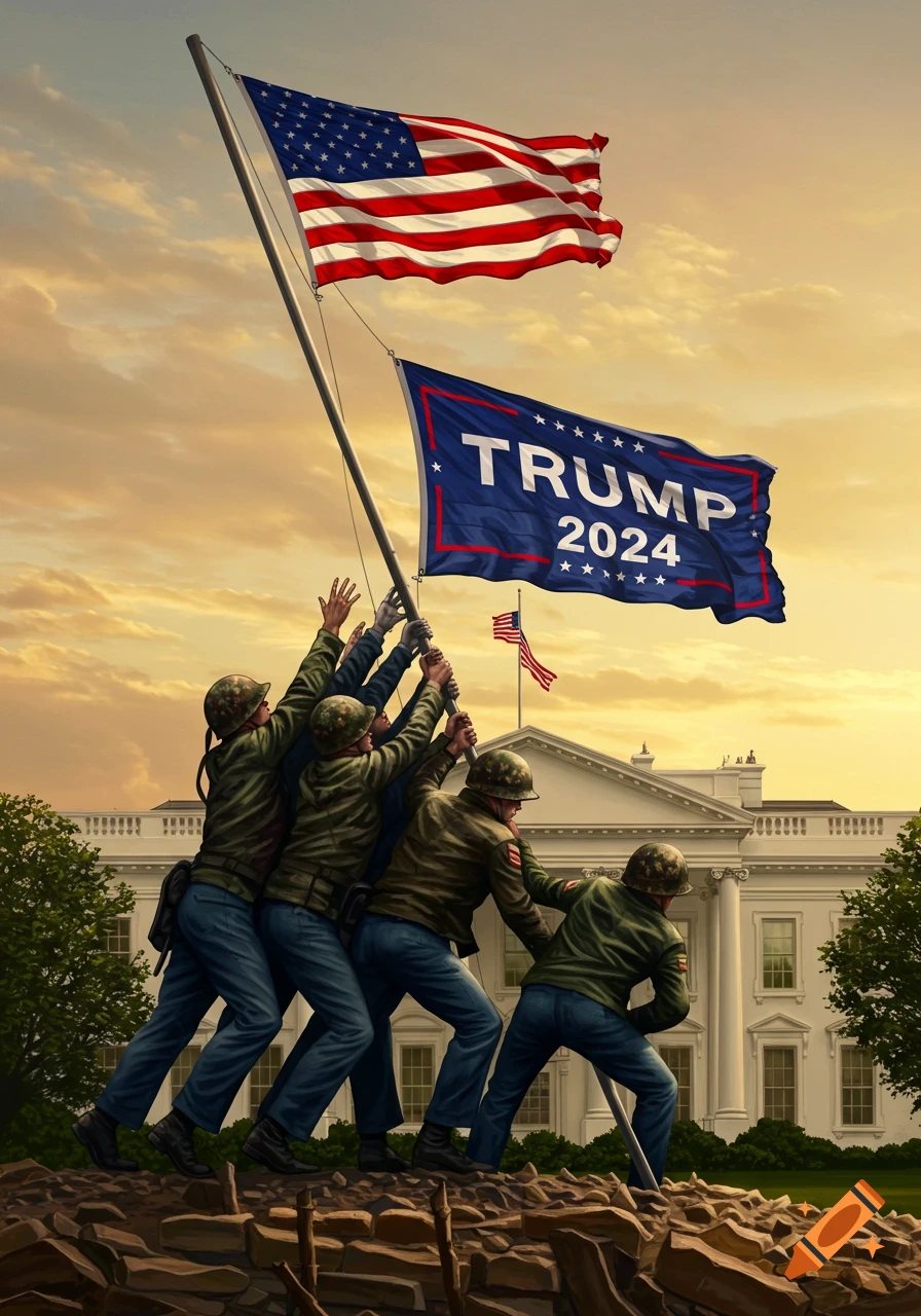 Illustrative image of soldiers raising a US flag and a 'TRUMP 2024' flag in front of the White House.