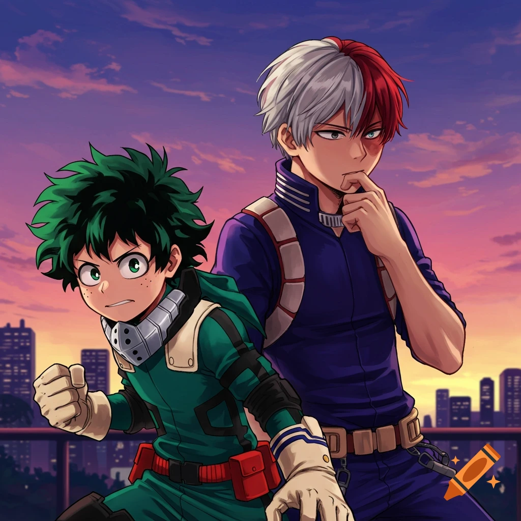 Two anime characters stand together against a city skyline at sunset.