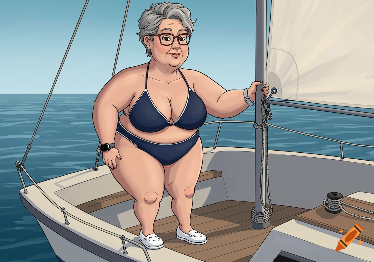 A cartoon illustration of a chubby mature woman in a navy bikini and glasses on a sailboat.