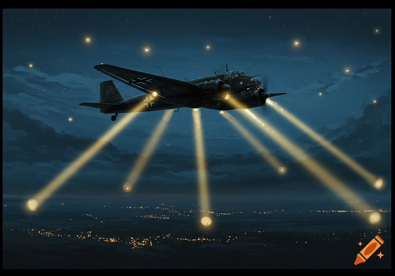 Historical aircraft caught in searchlights over city at night