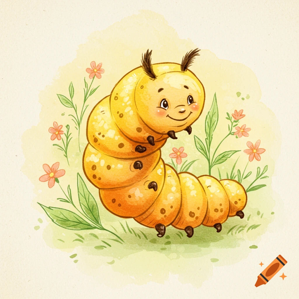 A cute yellow caterpillar with spots walks through grass and small pink flowers in a watercolor sketch style.