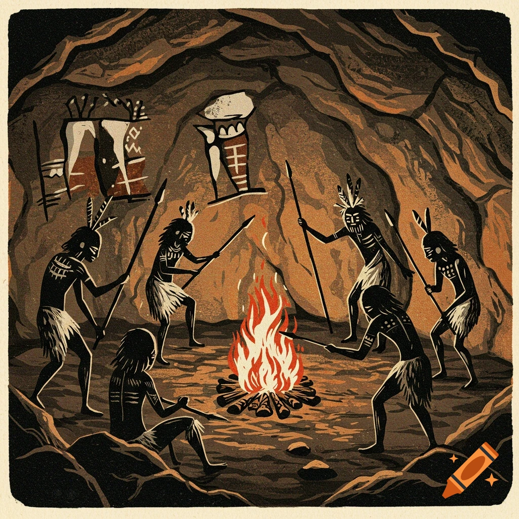 Tribal people with spears around a fire in a cave, in a linocut style.