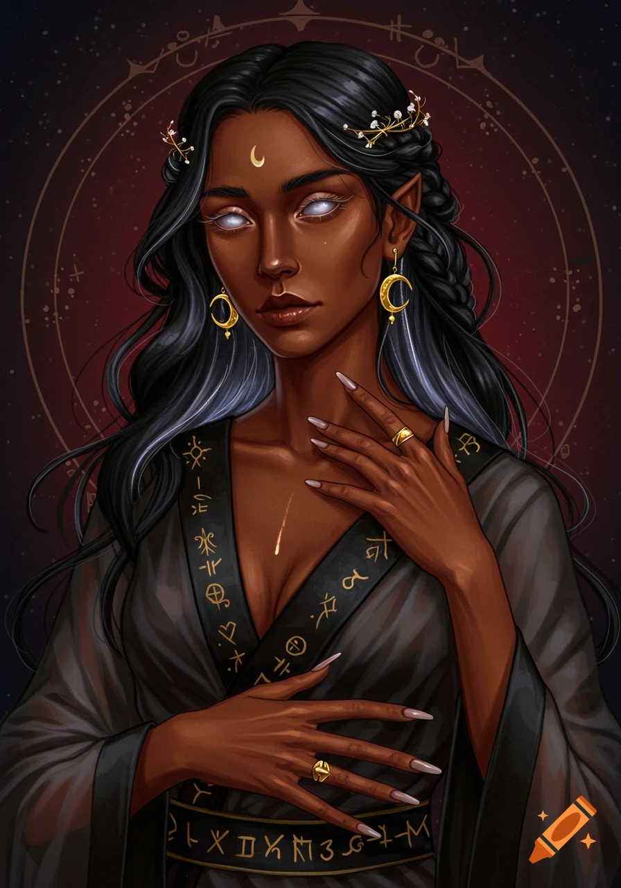 Illustration of a dark-skinned fantasy character with white eyes, long ...