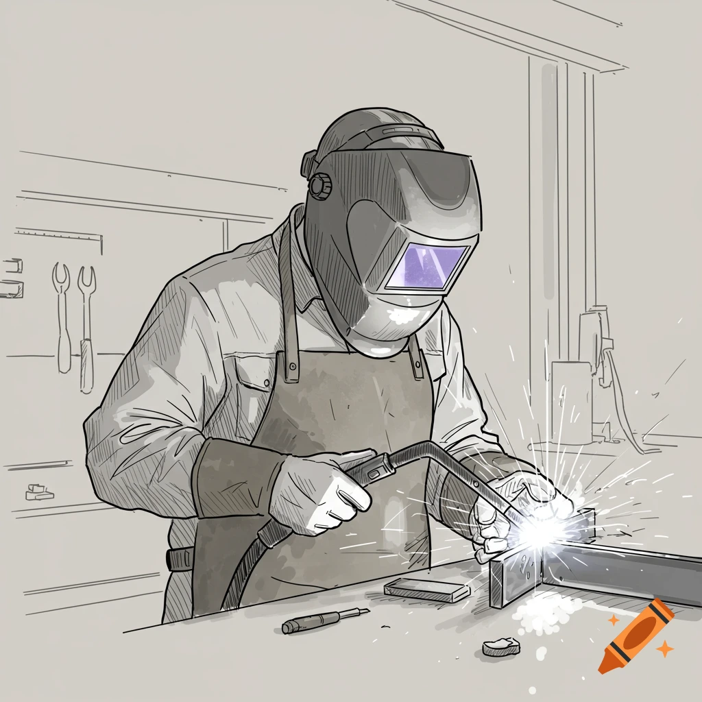 Line drawing of a welder working