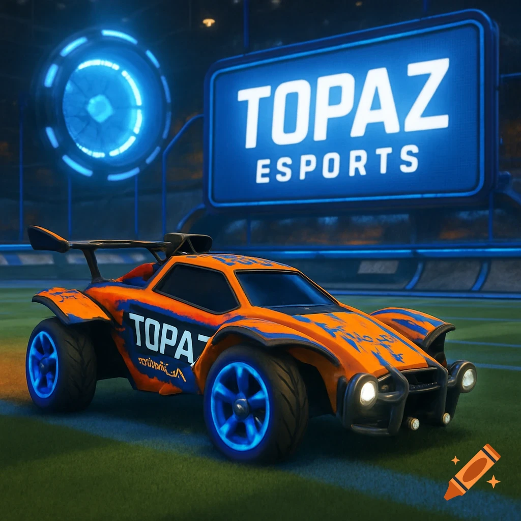 A stylized orange Rocket League car in a stadium, with a sign in the background reading 'TOPAZ ESPORTS'.