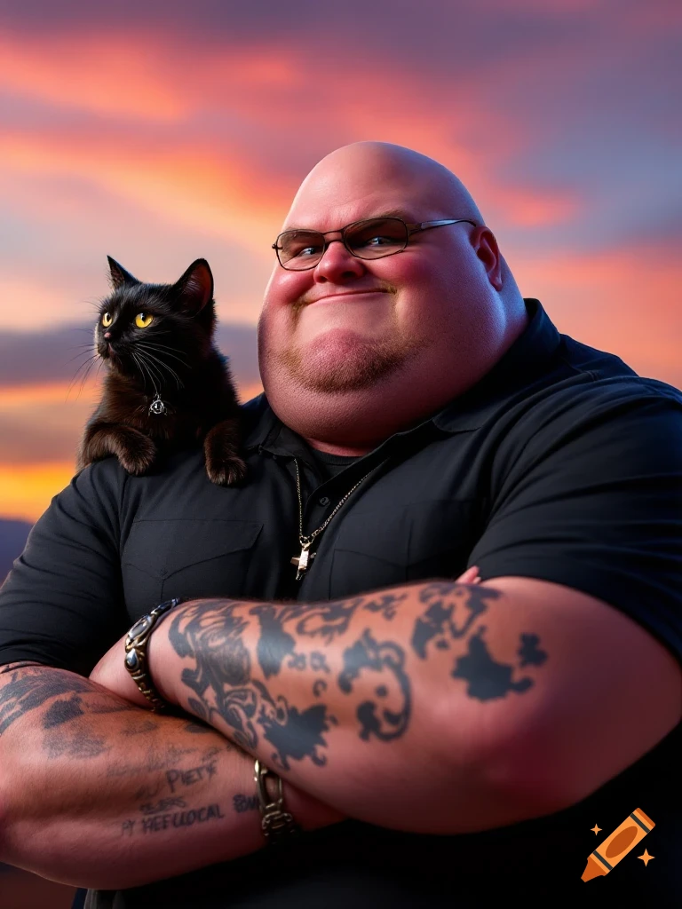 A large bald man with glasses and arm tattoos stands with a black cat on his shoulder against a sunset.