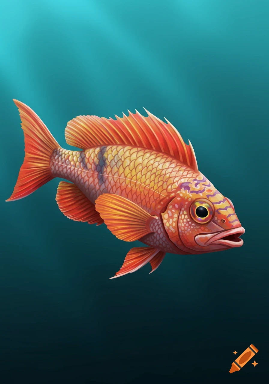 A vibrant orange and yellow fish swims in deep blue water, illuminated by rays of light from above. Digital illustration.