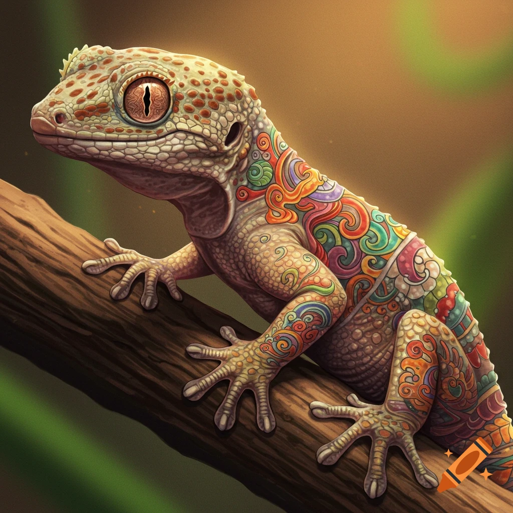 Detailed illustration of a gecko with colorful abstract tattoo-like patterns on its body, perched on a tree branch.