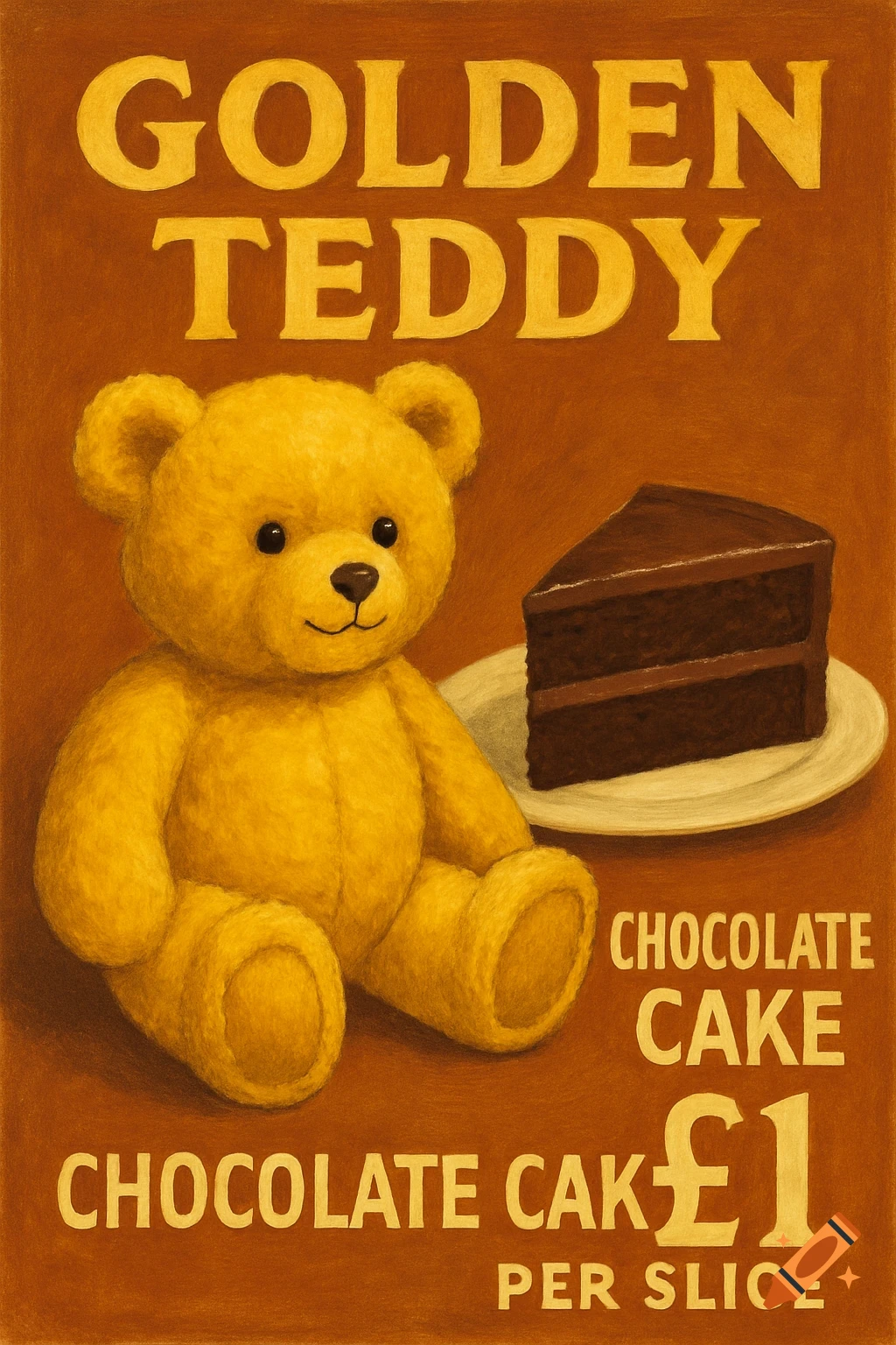 A vintage illustration of a teddy bear next to a slice of chocolate cake, with text advertising golden teddy chocolate cake.