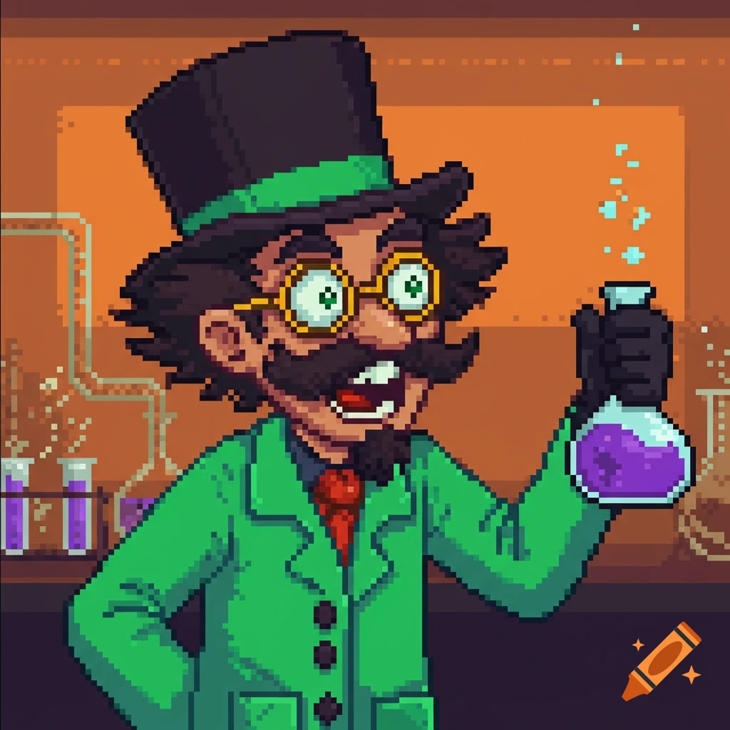 A pixel art scientist holding a flask in a lab.