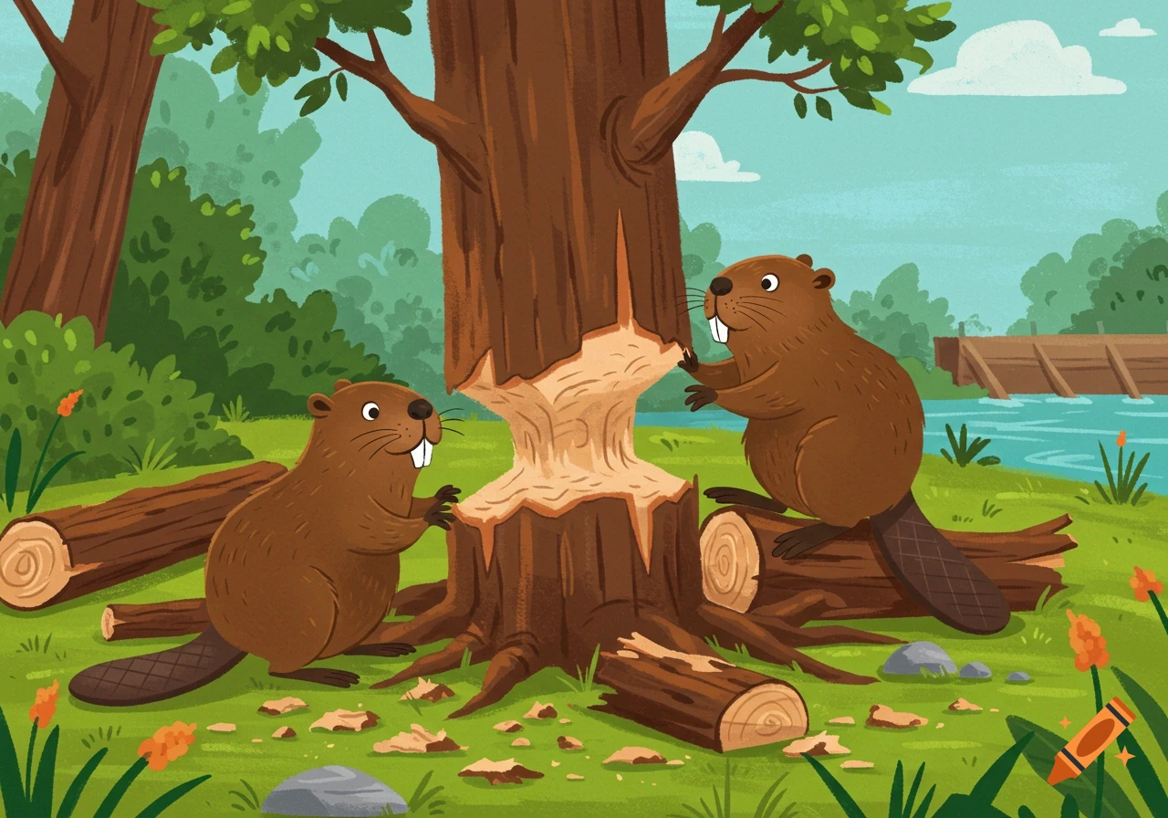 A whimsical cartoon shows two beavers gnawing on a large tree in a forest.