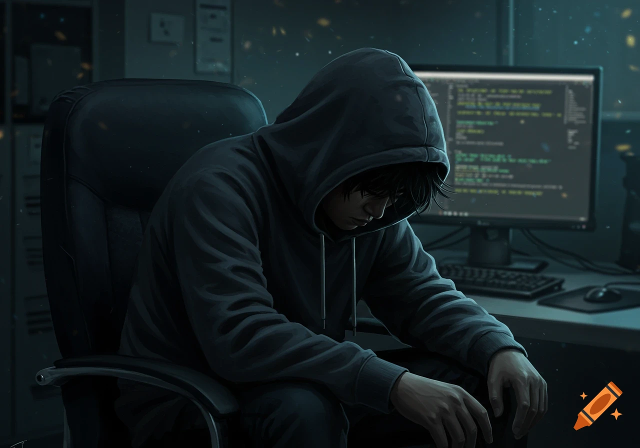 Digital art of a person in a hoodie sitting at a computer