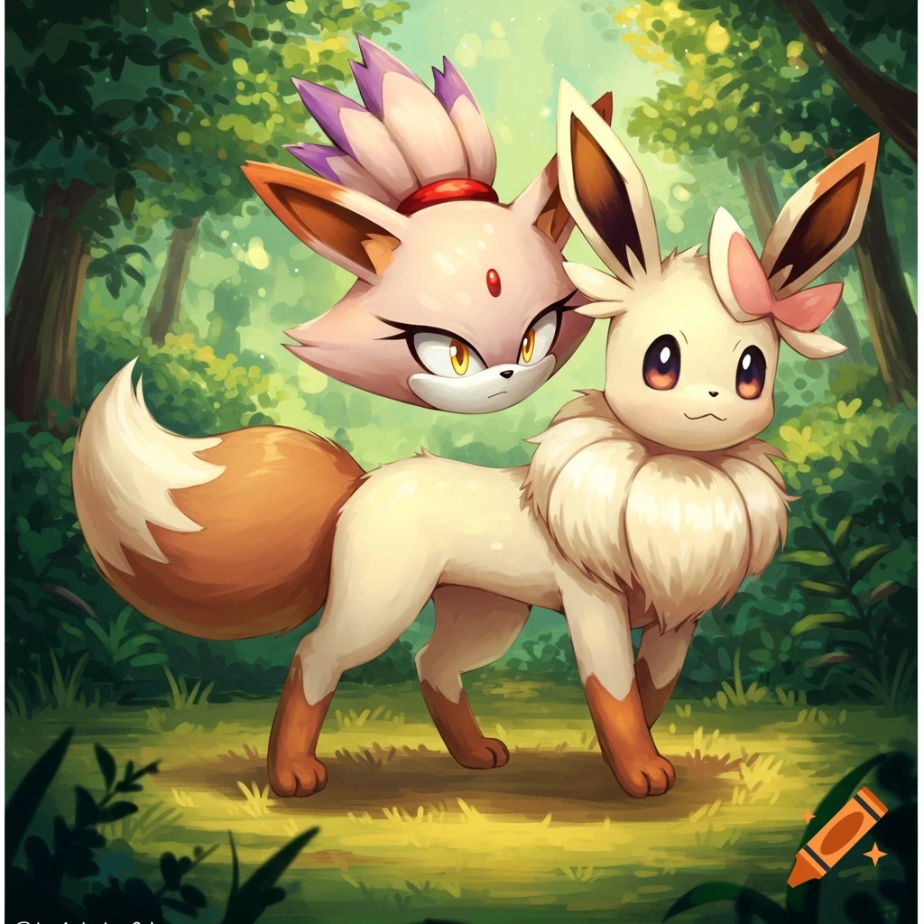 Illustration of a Blaze the Cat and Eevee fusion standing in a forest.