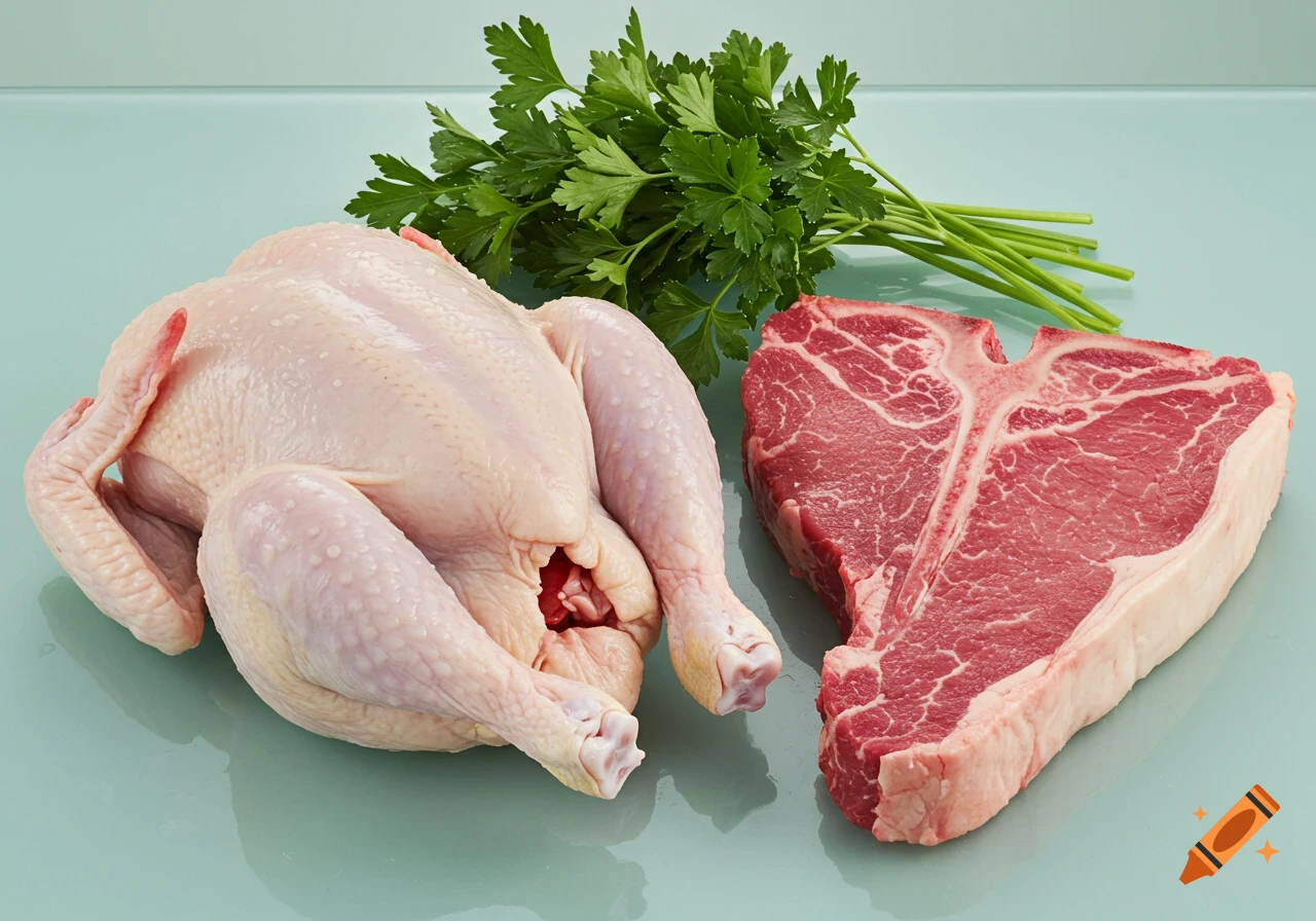 Photorealistic image of a raw whole chicken, t-bone steak, and parsley on a glass surface.