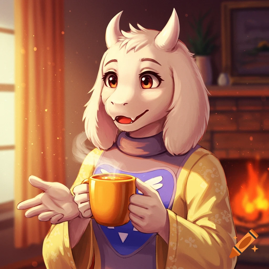 Toriel from Undertale holds a steaming mug by a fireplace.