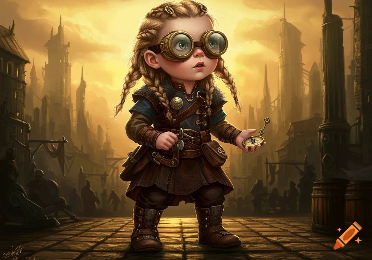 A stylized digital painting of a steampunk viking girl child with goggles and compass in a detailed city.