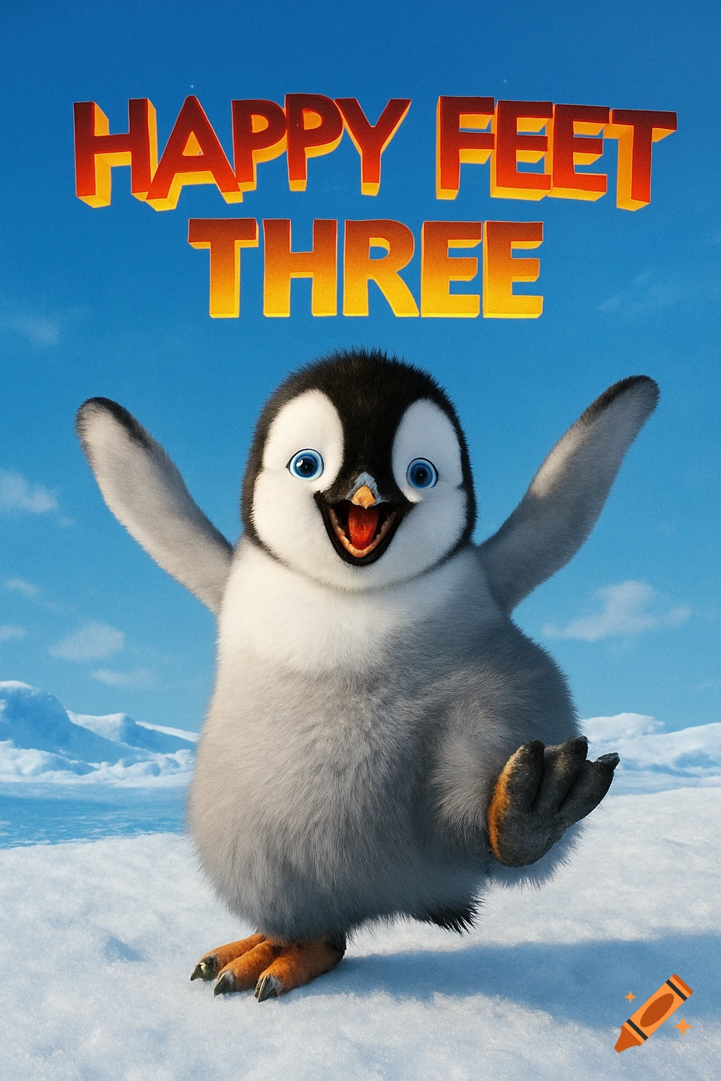 A cartoon penguin stands in the snow with arms raised, text 'HAPPY FEET THREE' above it.