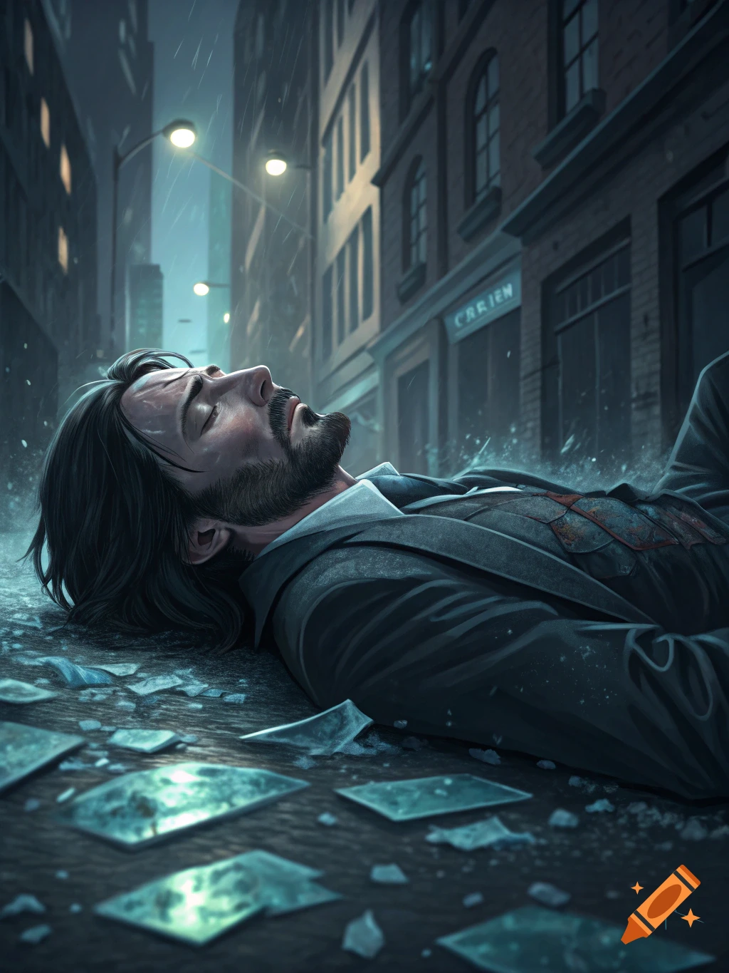 A man in a suit lies on a city street in the rain with shattered glass around him.