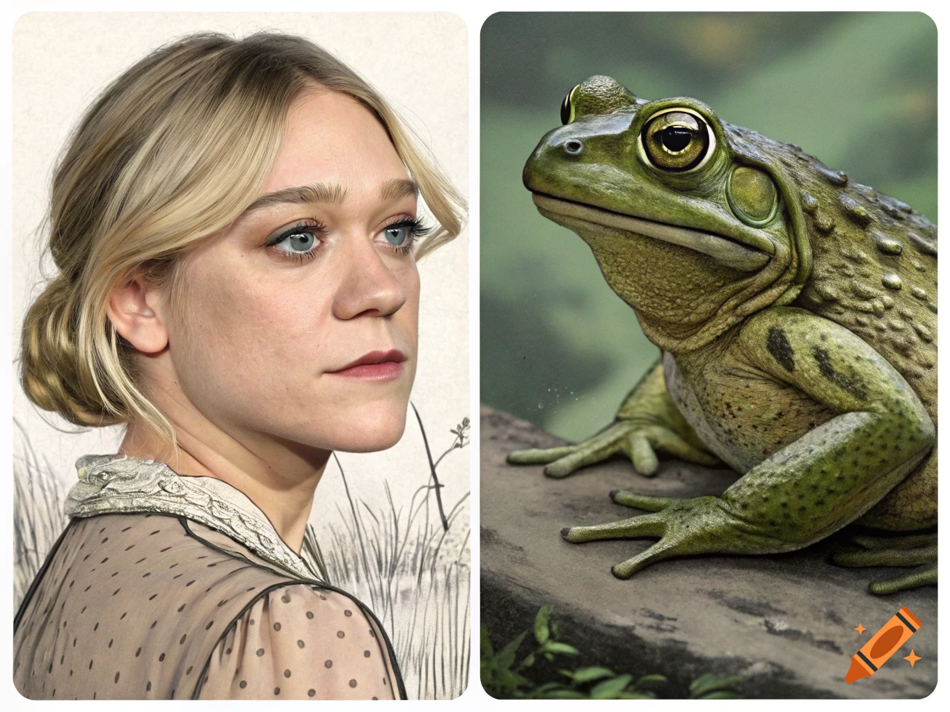 Split image showing a woman's portrait and a close-up of a green frog.