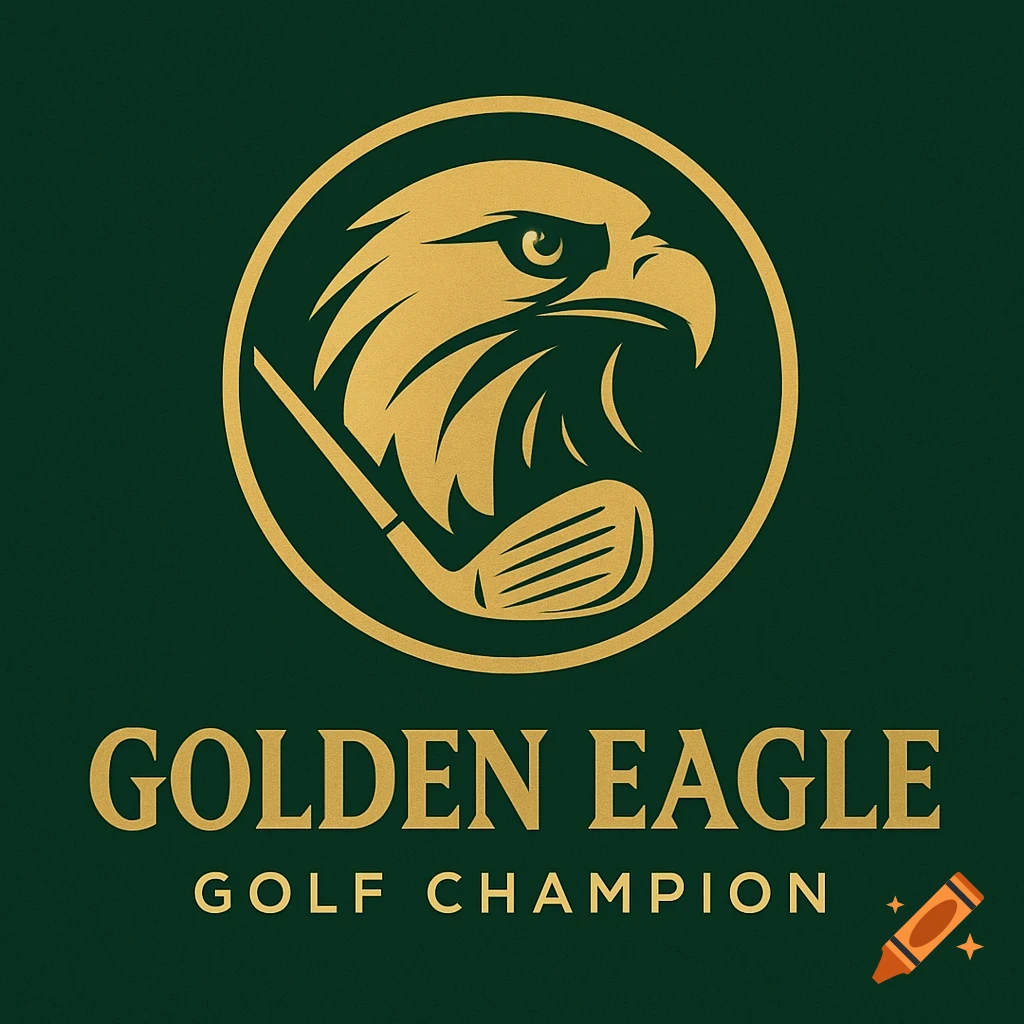 A golden logo of an eagle's head and a golf club in a circle on a dark green background, with text below.