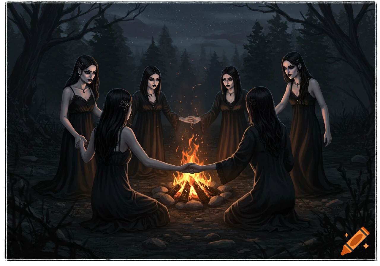Gothic women in black dresses circle a campfire in a dark forest at night.