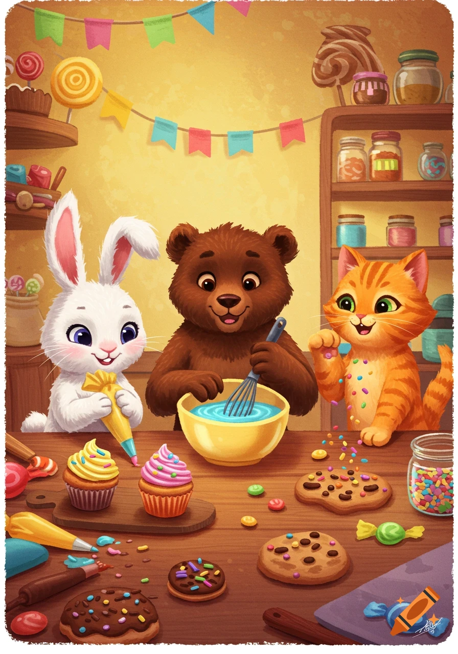 Cute animal illustration of a rabbit, bear, and cat baking desserts with icing and sprinkles.