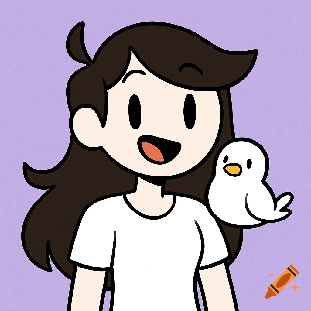Cartoon character with brown hair and white shirt smiling with a white bird on her shoulder.