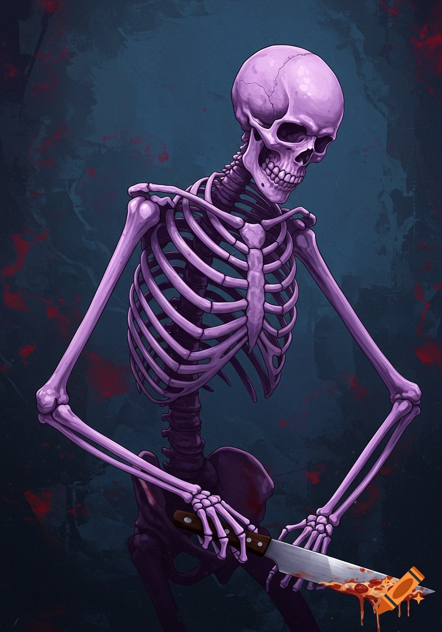 A purple skeleton holds a bloody knife over a slice of pepperoni pizza.