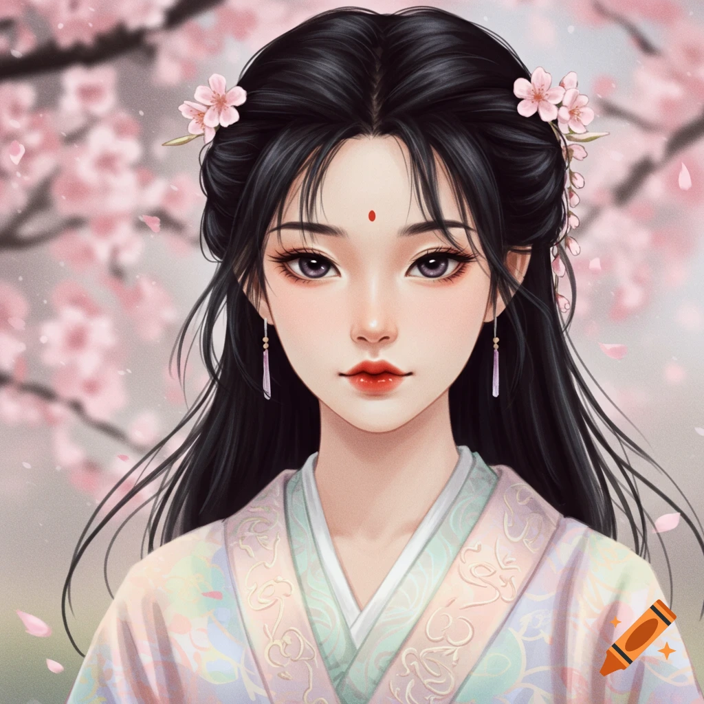 Illustration of a fantasy woman in traditional East Asian clothing with ...