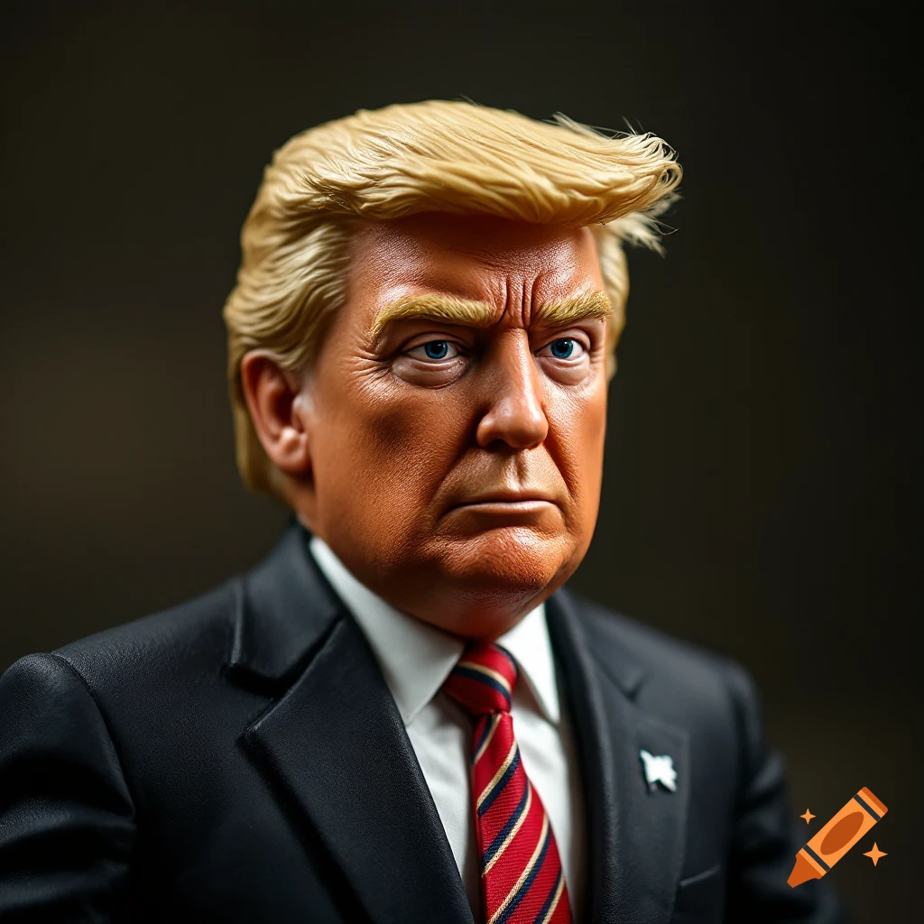 Close-up photorealistic action figure bust of Donald Trump