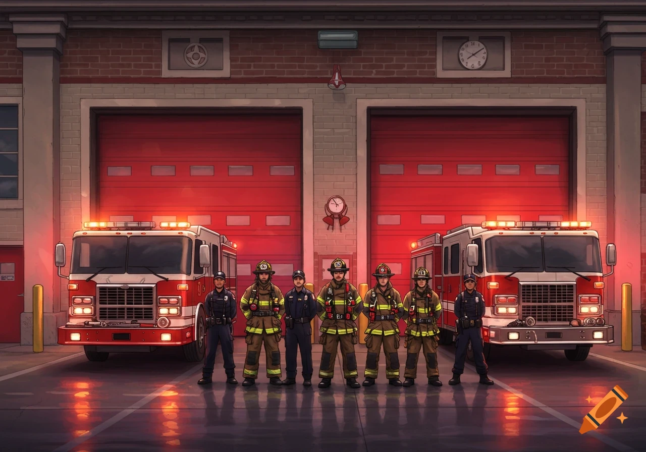 Illustration of firefighters and police in front of a fire station with trucks.