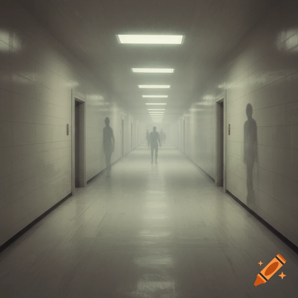 A long, hazy corridor with silhouetted figures walking away.