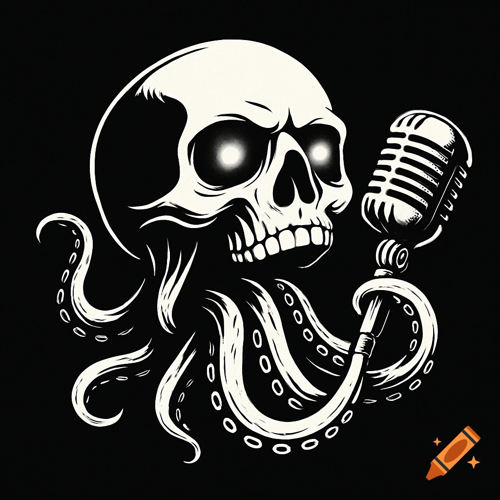 Stylized illustration of a skull with glowing eyes and octopus tentacles holding a microphone.