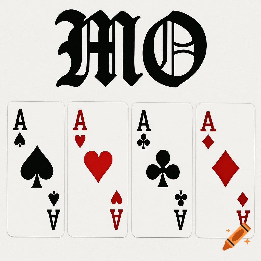 Black script letters MO above four Aces of a playing card deck.