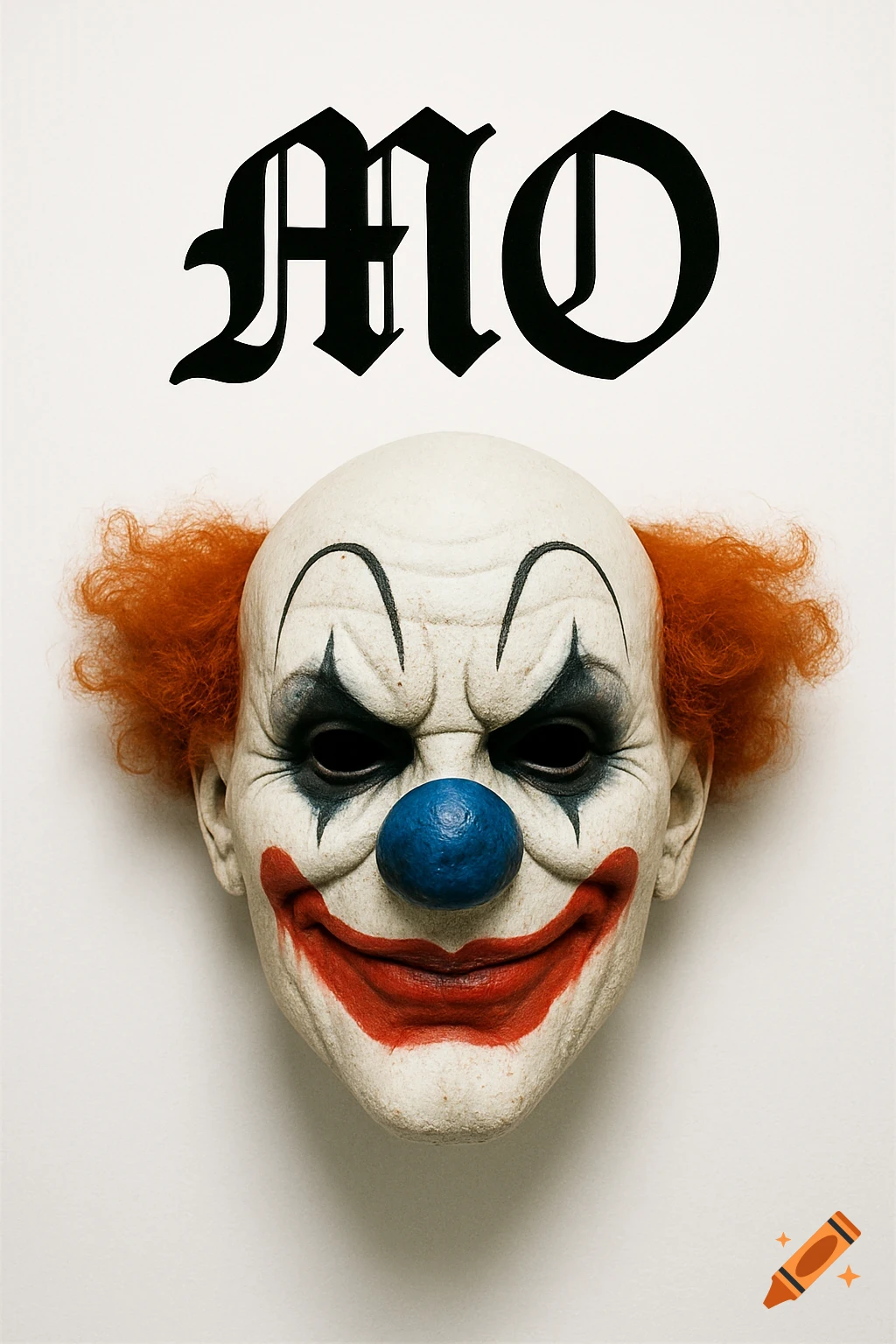 Close-up of a scary clown mask with black MO text above on a white background.