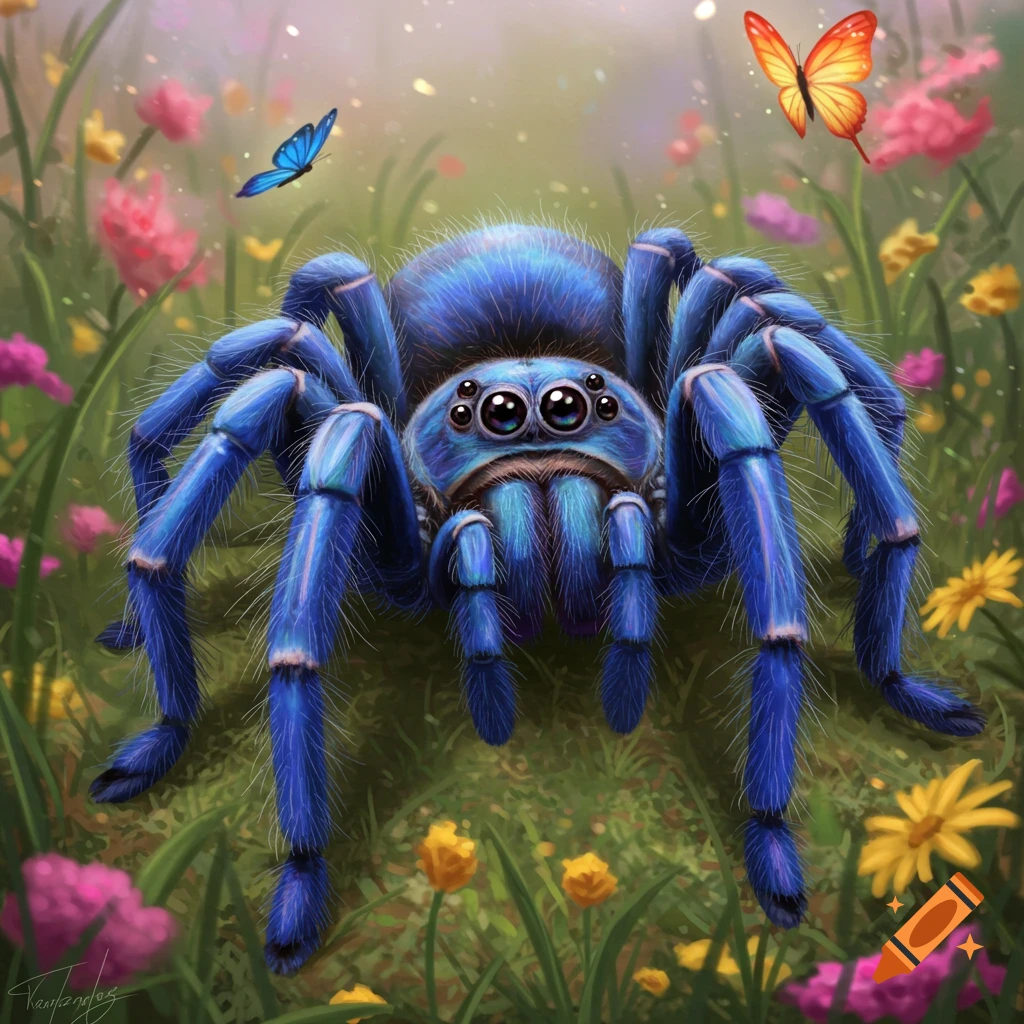 A fluffy blue spider sits in a garden among pink and yellow flowers with butterflies flying around. Illustration.