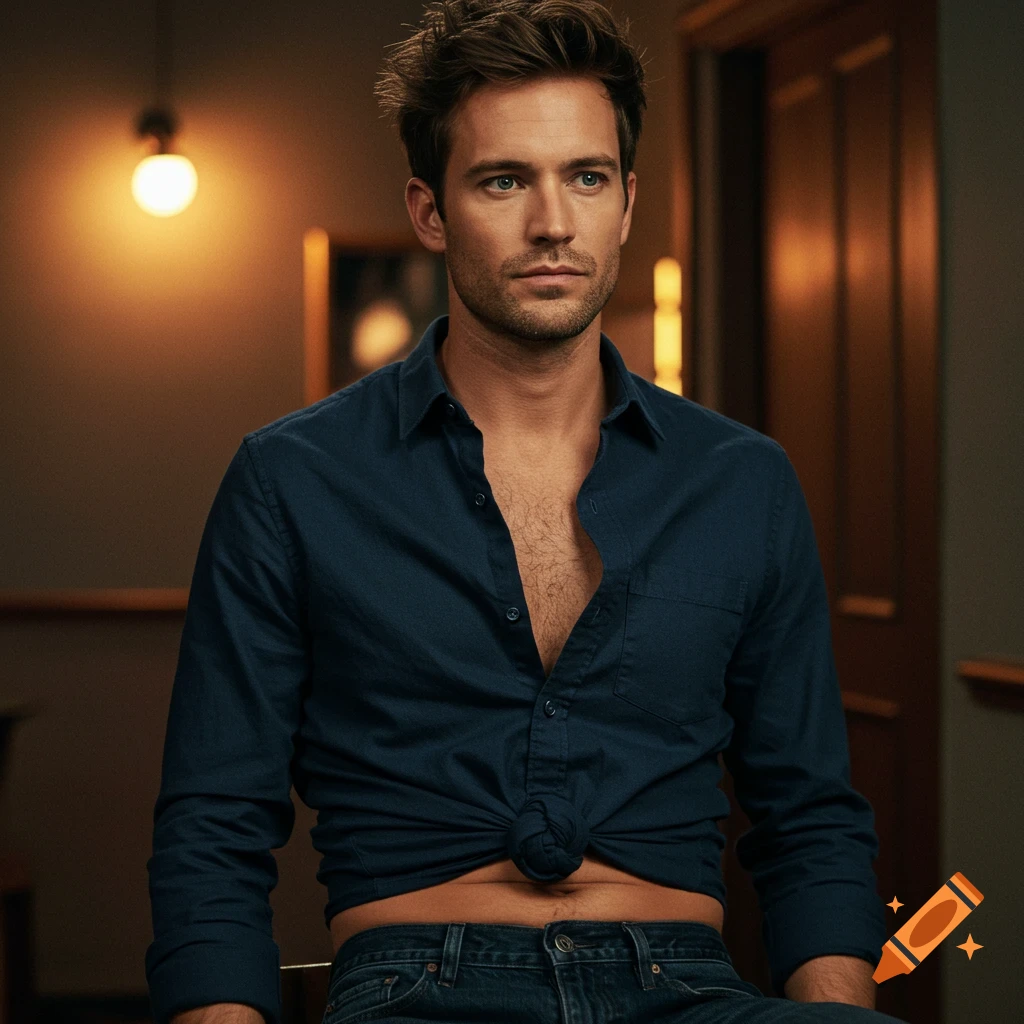 A man in a dark blue shirt tied at the waist looks to the side indoors.
