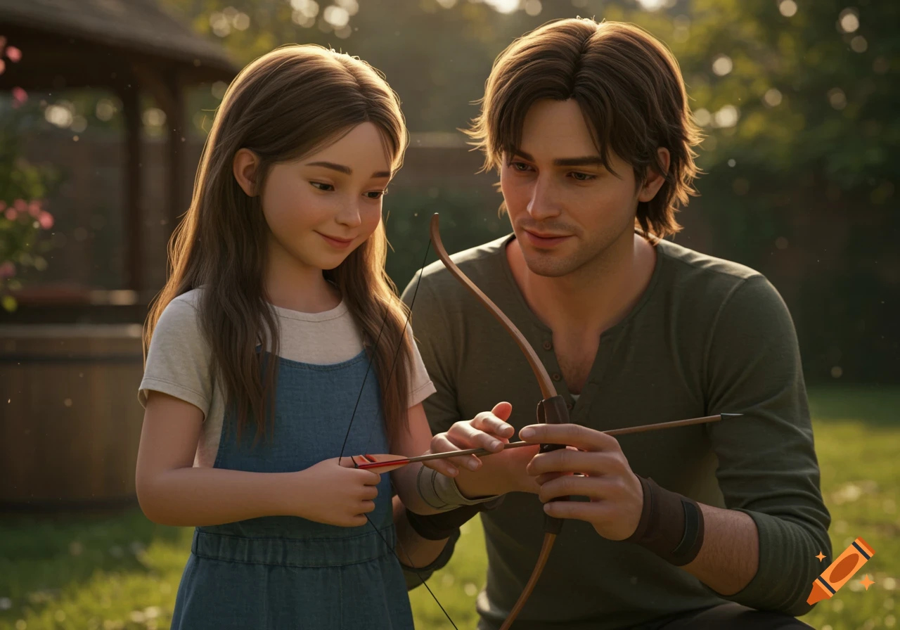A man teaches a young girl archery in a sunny garden. Realistic digital art.