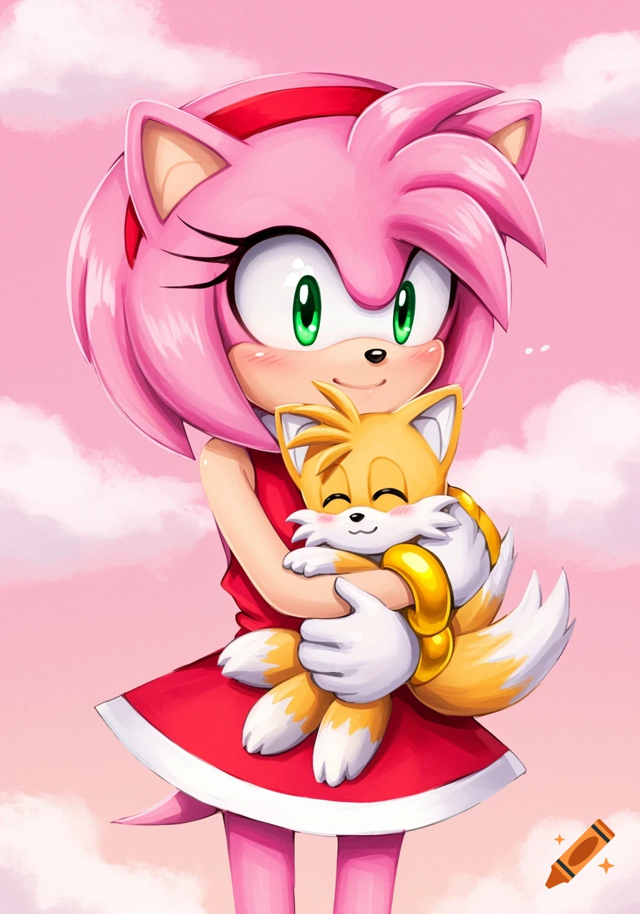 Amy Rose hugs a baby Tails the fox in a cartoon style.