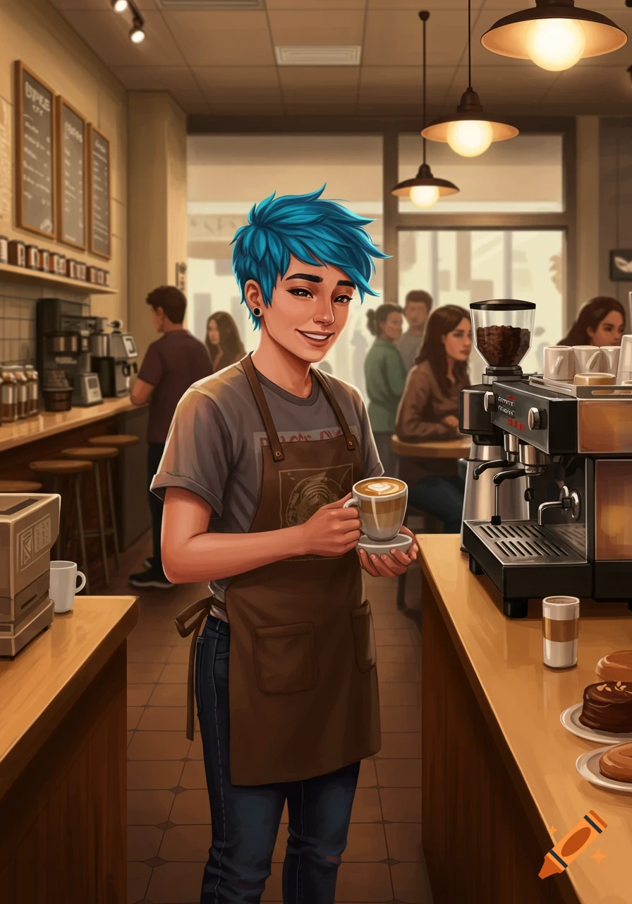 A barista with blue hair holds a latte in a bustling coffee shop, illustration style.
