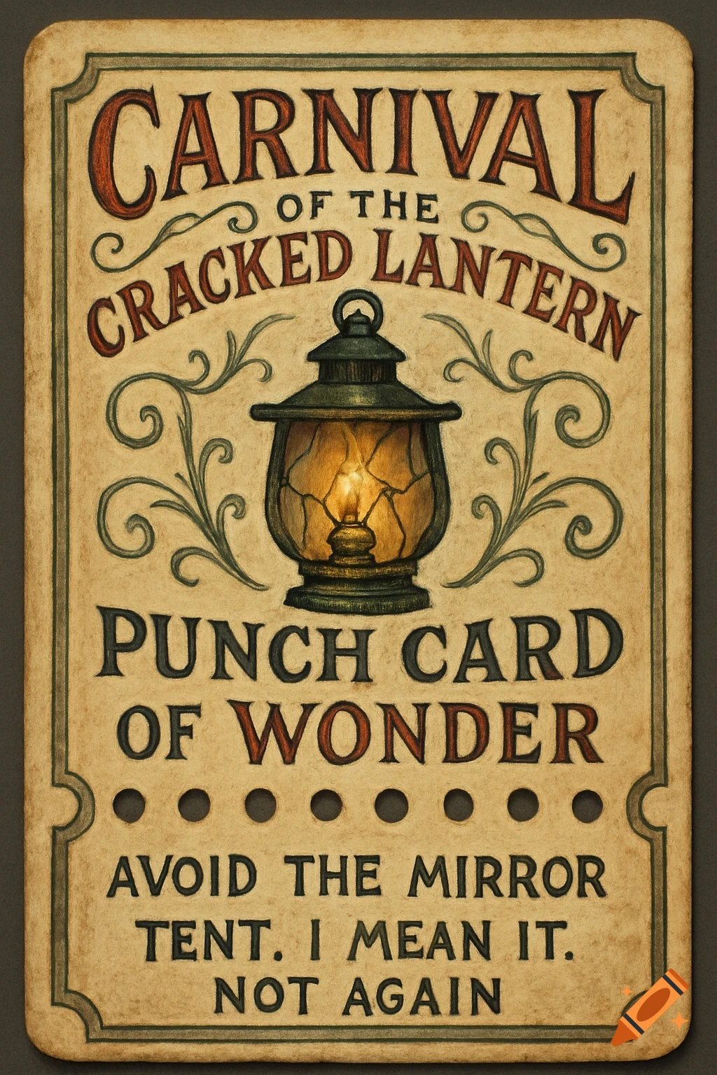 Vintage drawing of a carnival ticket with text 'Carnival of the Cracked Lantern Punch Card of Wonder' and a lantern.