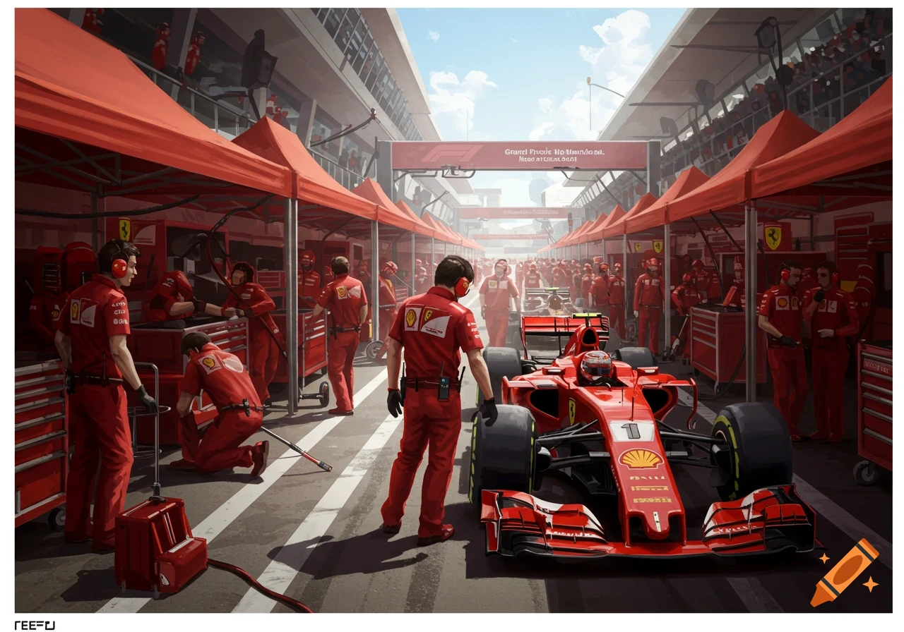 A Formula 1 pit stop scene showing a red car and pit crew under red tents.
