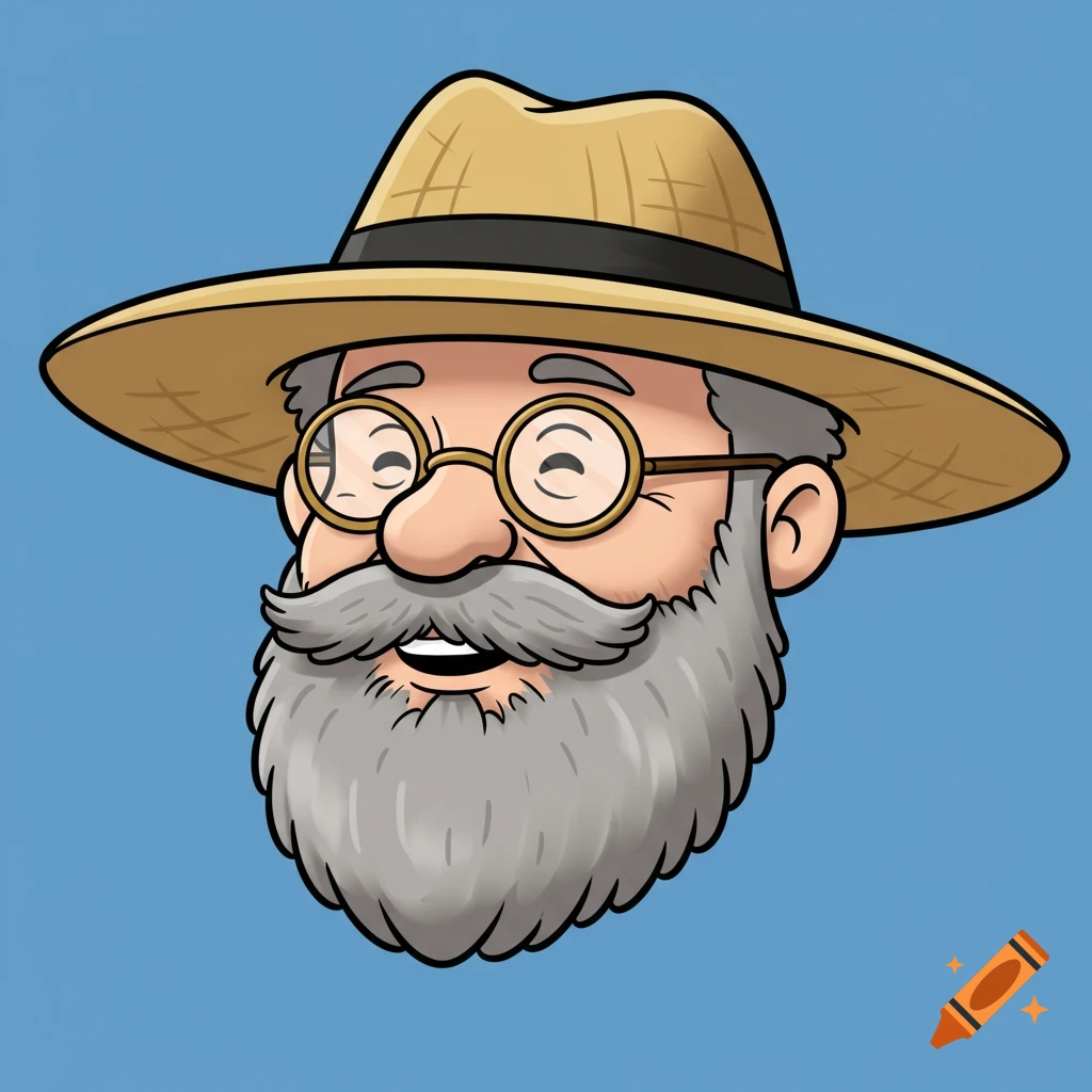 A cartoon close-up portrait of an older man with a straw hat, glasses, and beard.