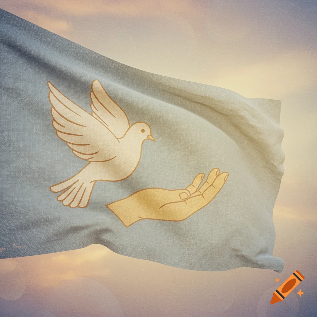 A flag with a white dove flying towards an open hand waves against a cloudy sky.