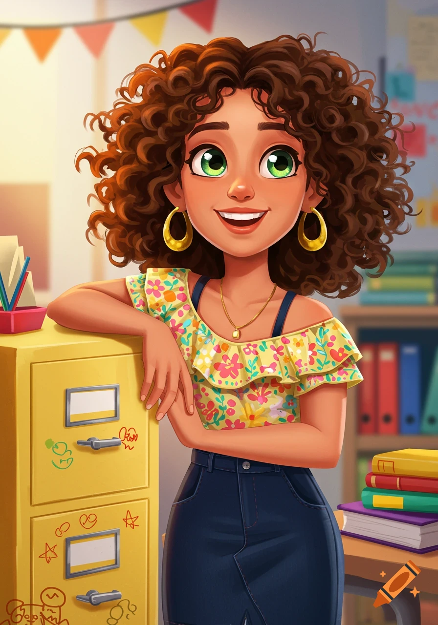 Cartoon illustration of a woman with curly hair leaning on a filing cabinet in a classroom.