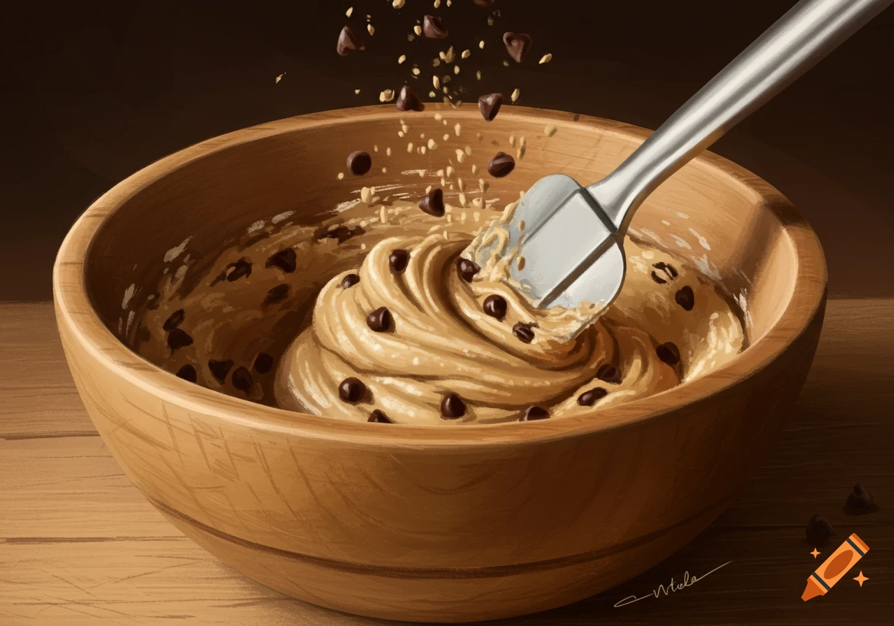Digital painting of a wooden bowl of chocolate chip cookie batter being mixed with a spatula, with chips flying out.