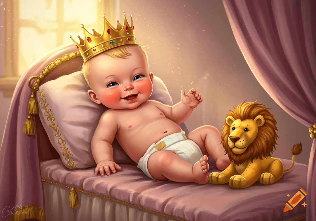 Illustration of a baby wearing a crown, sitting on a royal bed with a stuffed lion.