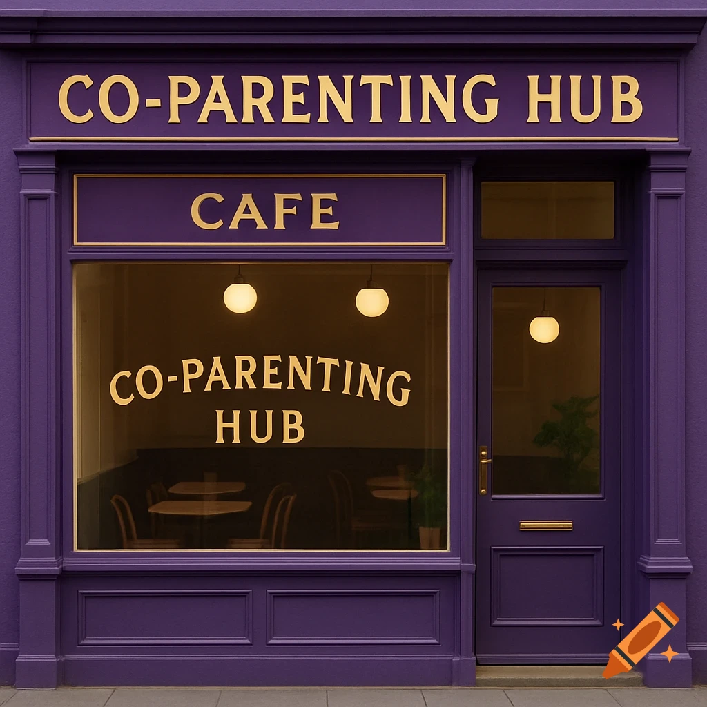 A purple storefront with gold lettering for a Co-Parenting Hub Cafe.