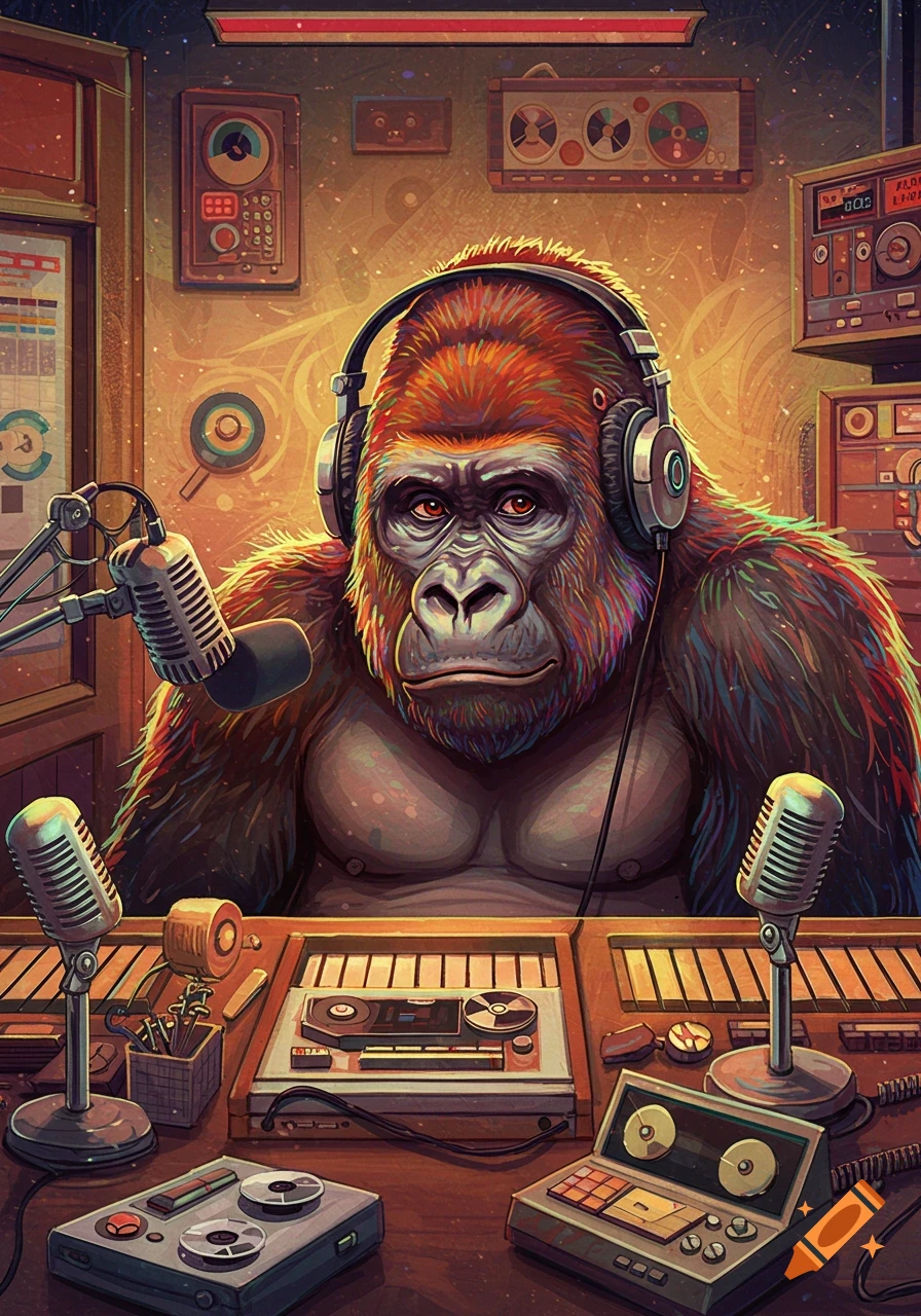 An illustration of a gorilla wearing headphones sitting at a radio studio desk with microphones and equipment.